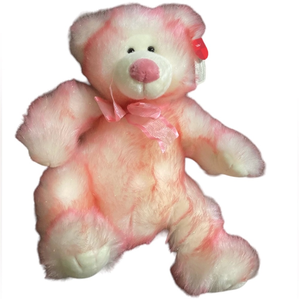 Vintage Russ Taffie Sparkly Pink‎ Teddy Bear Bow LARGE 12" Sitting Cream NWT
